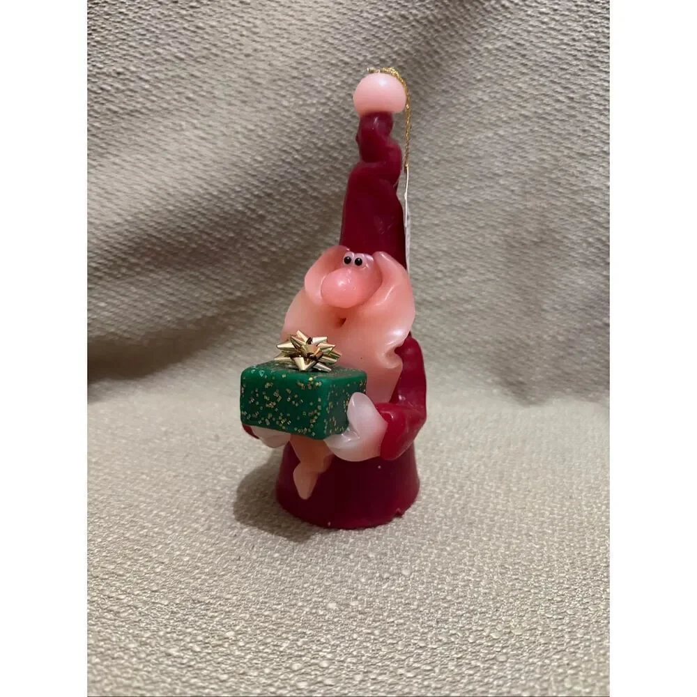 Vintage Northern Lights Candle Santa Gnome Holding Glitter Green Present Gift 7”